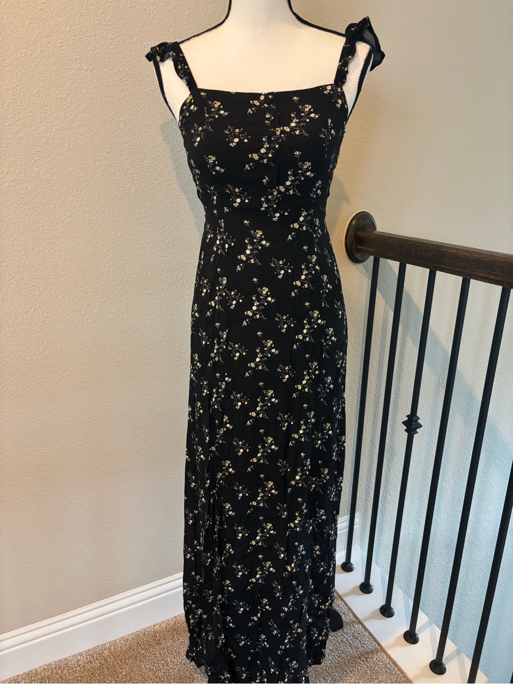 Forever 21 Black Maxi Dress with Cream Floral Print and Tie Shoulders